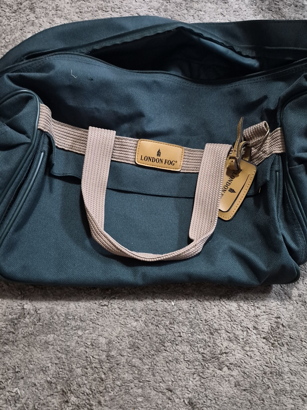 London Fog Teal Canvas Weekender Bag with Tan Handles